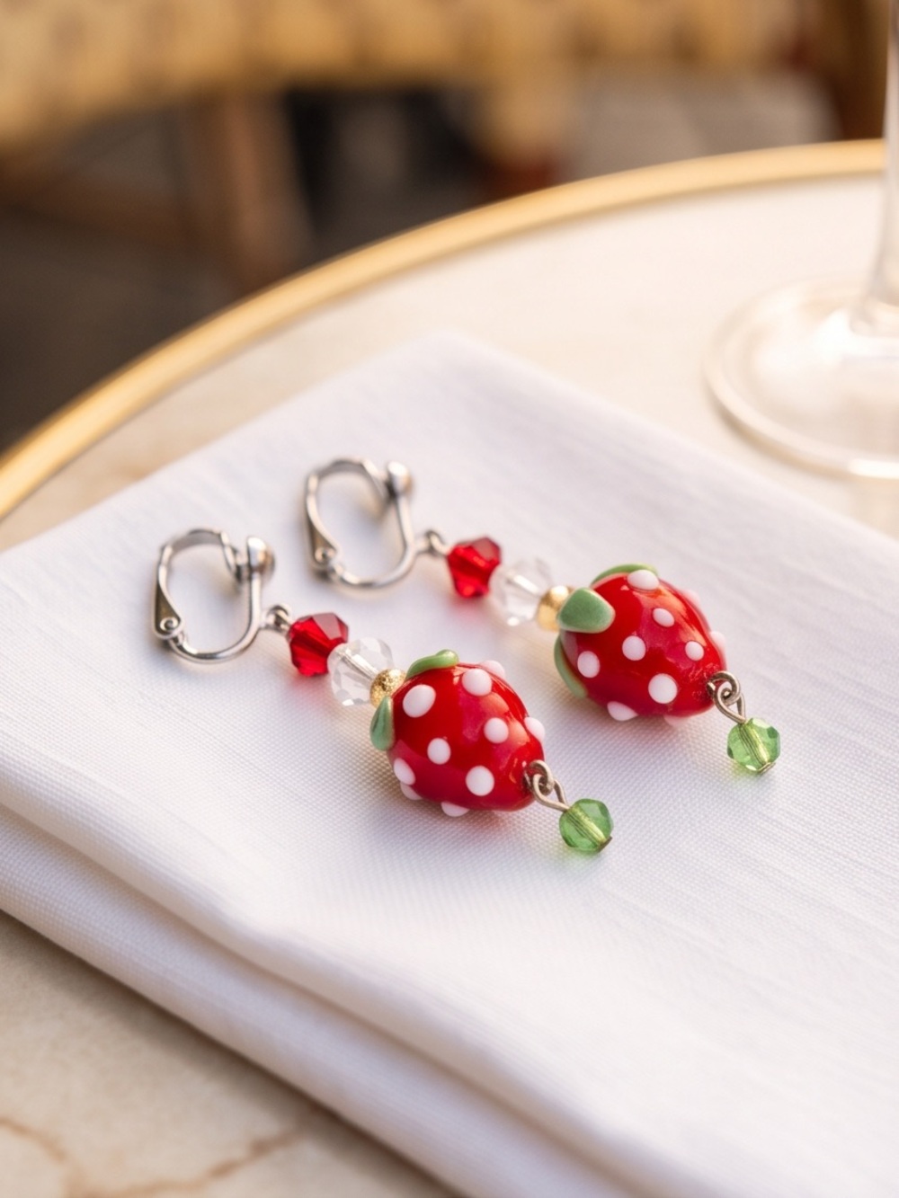 Strawberry Glass Bead Dangle Clip-On Earrings